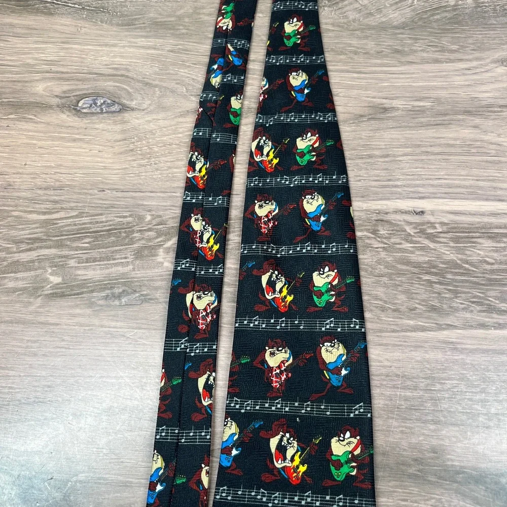 VTG 2001 Looney Tunes Necktie Mens Black Taz Tasmanian Devil Rock Guitar Music
